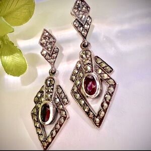 Vintage Solid 925 Sterling Silver Statement Earrings Garnet Dangle Earrings
